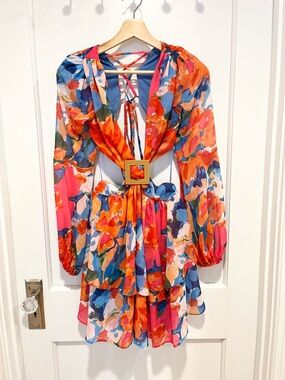 Blush Boutique Tropical Floral Long Sleeve Cutout Tiered Mini Dress Small